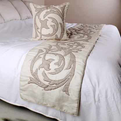 The HomeCentric Designer Ivory & Beige Queen 74 x 18 inch Bed Runner with Pillow Cover Set, Linen Lurex Applique Bed Scarf, Abstract Modern - Pretty Dainty