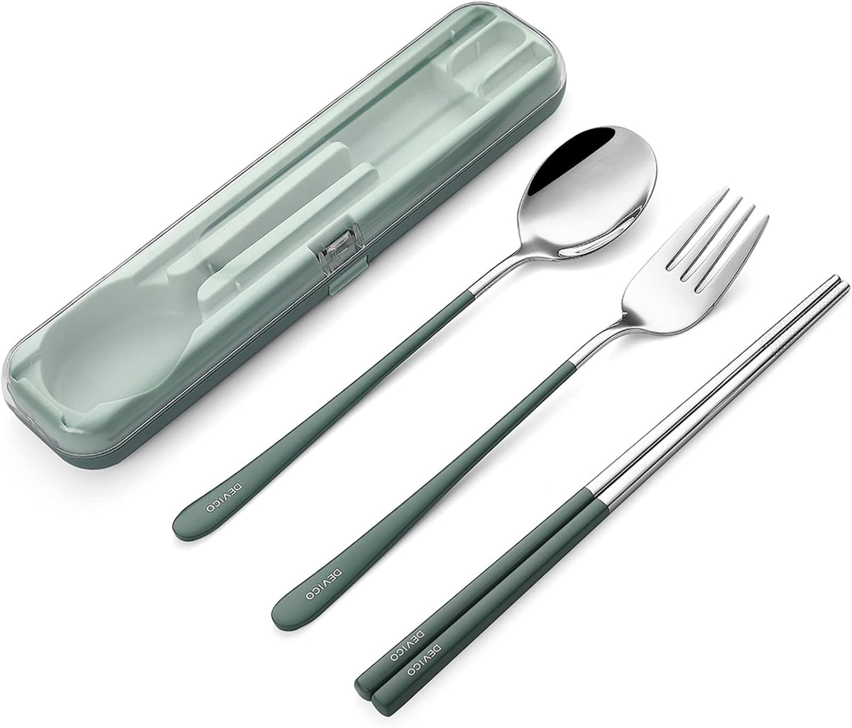 DEVICO Portable Utensils, Travel Reusable Silverware Flatware Set for Lunch, 18/8 Stainless Steel 4-Piece Camping Cutlery Include Fork Spoon Chopsticks with Case (Green)