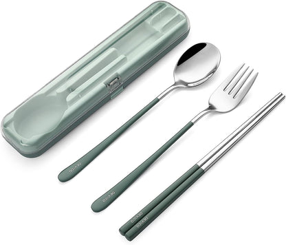 DEVICO Portable Utensils, Travel Reusable Silverware Flatware Set for Lunch, 18/8 Stainless Steel 4-Piece Camping Cutlery Include Fork Spoon Chopsticks with Case (Green)