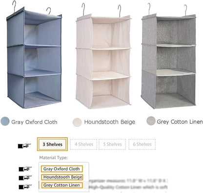 Hanging Closet Organizer, Easy Mount Foldable 3-Shelf Hanging Closet Wardrobe Storage Shelves, Clothes Handbag Shoes Accessories Storage, Imitation Linen Fabric, Beige Houndstooth