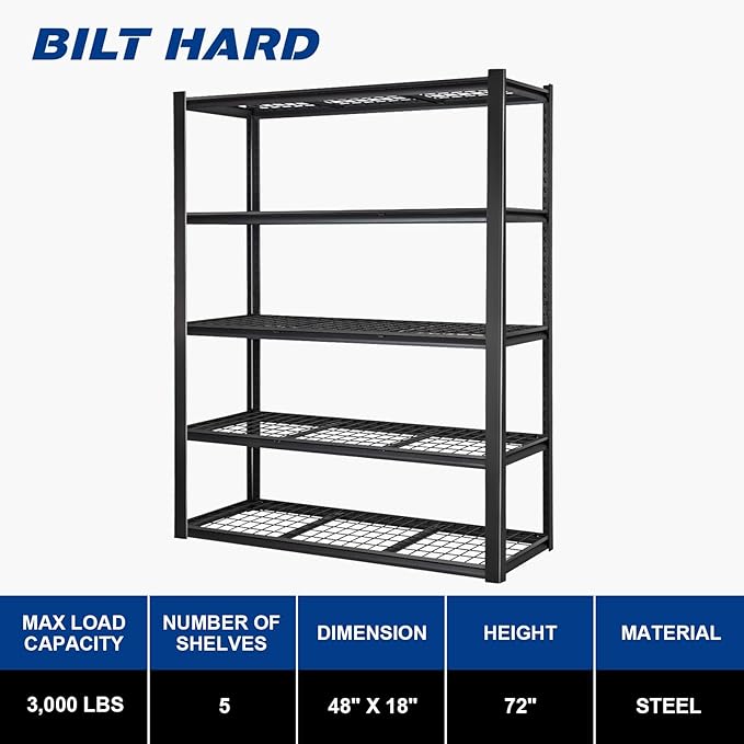BILT HARD 48”W x 18”D x 72”H Garage Shelving, 5-Tier Heavy Duty Storage Shelves for Garage, Basement, Warehouse, Workshop, 3000 lbs Capacity