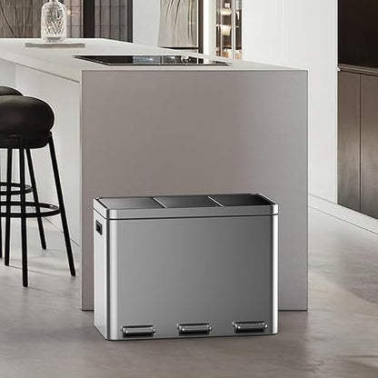 3 x 4 Gal (3 x 15L) Trash Can, Stainless Steel Triple Compartment Step-On Recycling Bin with Soft-Close Lids & Removable Plastic Inner Buckets for Kitchen, Home, Office