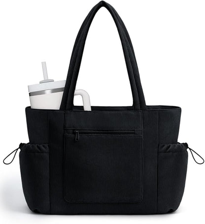 ECOHUB Tote Bag for Women, Work Tote Bags with Laptop Compartment, Large Corduroy Tote Bag with Stanley Cup Holder