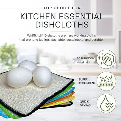 Whiffkitch Dishcloths Dishrags for Kitchen and Household Cleaning 6x7 6-Pack Non-Scratch 2-Ply Weave, Bamboo-Rayon Fabric, Absorbent, Washable, Long-Lasting