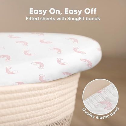 2-Pack Baby Bassinet Sheets Girl, Boy - 33x17 Viscose Derived from Bamboo Bedside Mattress Fitted Bassinet Sheets, Compatible with Halo Bassinest Swivel Sleeper, Baby Delight, Graco(Dreamland)