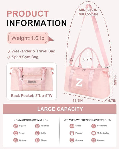 Initial Travel Duffel Bag Sports Gym Bag for Girls Teen Birthday Gifts,Pink Personalized Weekender Bag Carry On Tote Bags for Women Men,Waterproof Overnight Luggage Bag with Trolley Sleeve(Letter Z)