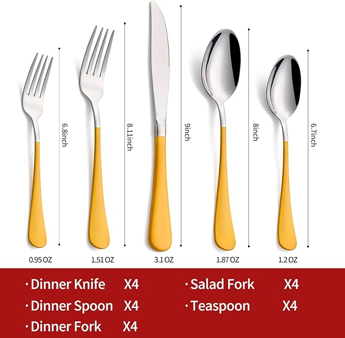 20-Piece Yellow Silverware Set 18/0 Stainless Steel Flatware Yellow Handle Cutlery Set Service for 4 Dinner Knives Forks Spoons Set Mirror Finish Dishwasher Safe