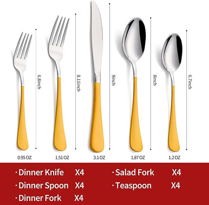 20-Piece Yellow Silverware Set 18/0 Stainless Steel Flatware Yellow Handle Cutlery Set Service for 4 Dinner Knives Forks Spoons Set Mirror Finish Dishwasher Safe