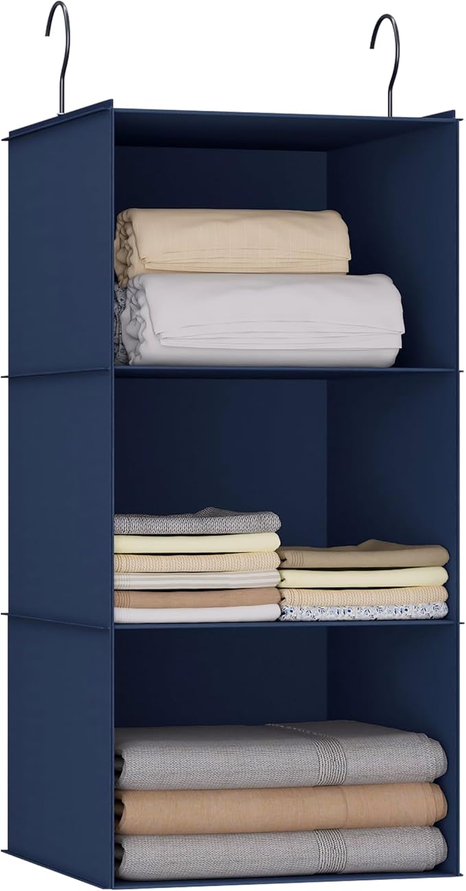 Hanging Closet Organizer - 3-Shelf, Easy Mount Foldable Wardrobe Storage Shelves for Clothes, Handbags, Shoes & Accessories - Washable Oxford Cloth Fabric, Navy Blue