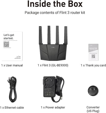 GL.iNet GL-BE9300 (Flint 3) Tri-Band WiFi 7 Router, High-Speed 6GHz Gaming WiFi Router for Wireless Internet, Long Range, 5 x 2.5G VPN Routers for Fiber Optic Modem, Computer Routers, Home & Business