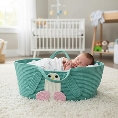 Foldable Woven Basket with Handles, All-in-One Cotton Rope Storage Box for Baby Bassinet, Household Items, Shopping, and Pet Comfort 27.56 × 15.75in