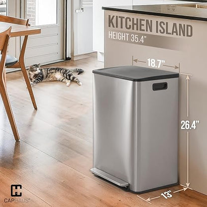 CAPHAUS Dual Trash Can with Lid, Trash and Recycling Bins Combo for Kitchen, Hands-Free Stainless-Steel Garbage Can with 2 Compartment, Hinged Lid, Odor Filter, Handles, 30L+30L, 2 x 8 Gallon