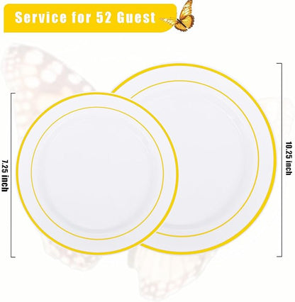 Supernal 102pcs White and Gold Plastic Plates Disaposable Party Plates White Gold Rim Heavy duty, Fancy Gold Plastic Dinnerware Set included 51 Dinner & Dessert Plates for Party,Birthday and Wedding