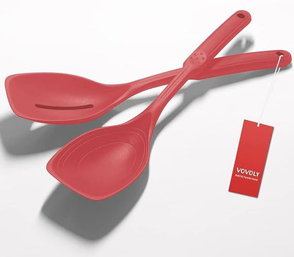 2 Pack Large Silicone Cooking Spoon, Non-Stick Slotted and Solid Spoon set with Deep Bolw and Measurement Mark for Mixing, Serving, Draining, Scooping, Scraping, Heat Resistant Kitchen Utensils, Red