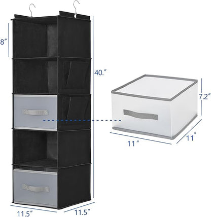 5-Layer Suspended Fabric Shelf Organizer, Equipped with 2 Sturdy Hooks, 2 Separate Drawers, and Foldable Hanging Storage (Black)