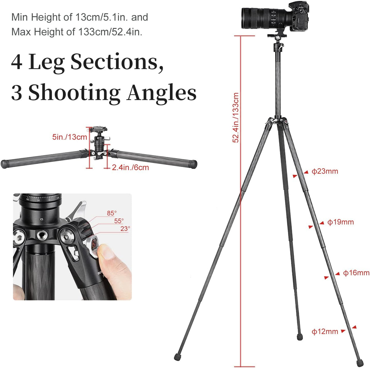TT2340CE 4-Sections Carbon Fiber Travel Tripod for Ipad, Phone, DSLR Camera, Ideal for vlog Photography, Compact Travel Tripod Lightweight, Small and Short, with 25mm Ball Head