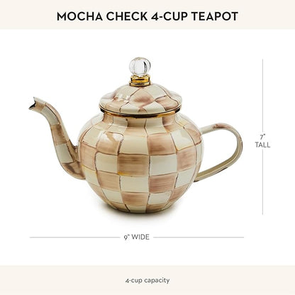 MACKENZIE-CHILDS Enamel Teapot, Cute Small Teapot with Lid, 4-Cup Capacity, Brown-and-White Mocha Check