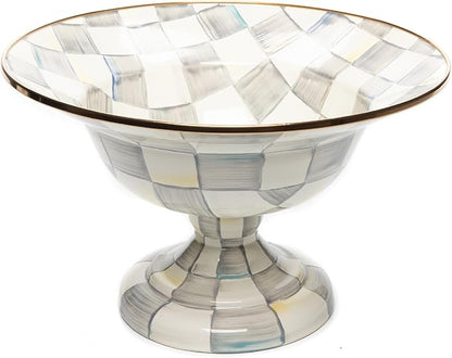 MACKENZIE-CHILDS Enamel Compote, Cute Enamel Pedestal Serving Dish or Decorative Bowl, Large, Gray-and-White Sterling Check