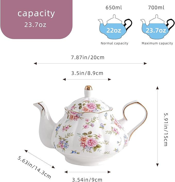 Flower Ceramic Teapot,22oz Porcelain Tea pot for Tea Coffee Milk for Office Home Men Women as Gift(White and small flowers)