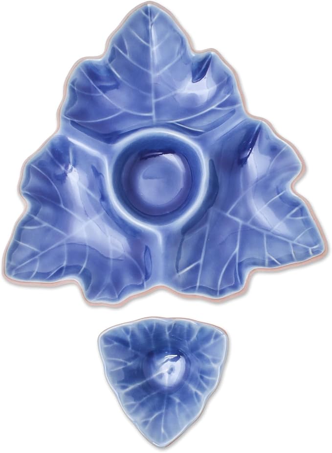 NOVICA Artisan Handmade Ceramic Appetizer Dishes Blue Leaf from Thailand Pair