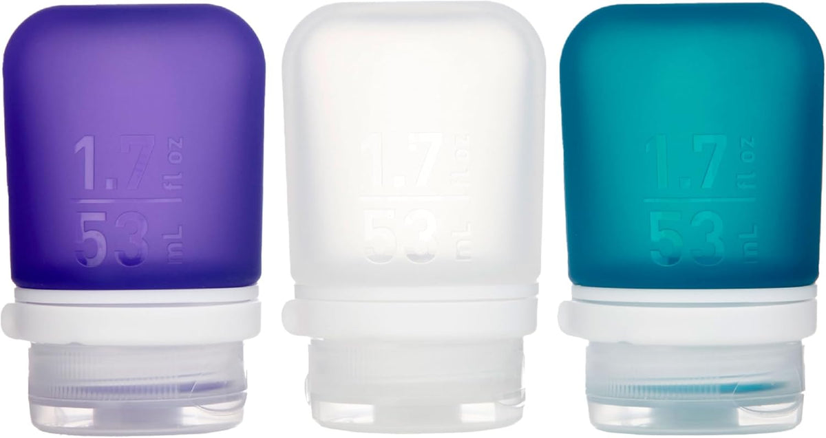 humangear GoToob+ Refillable Silicone Travel Size Bottles with Locking Cap, 3pk Set, Clear/Purple/Teal, Small (1.7 fl.oz; 53ml)