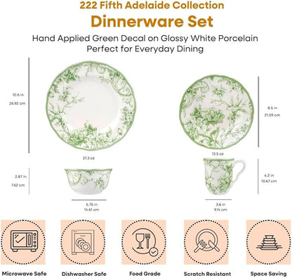 222 Fifth Adelaide Moss 16-Piece Porcelain Dinnerware Set – Service for 4, Plates, Bowls & Mugs, Hand-Applied Decal, Microwave & Dishwasher Safe, for Everyday Dining & Entertainment