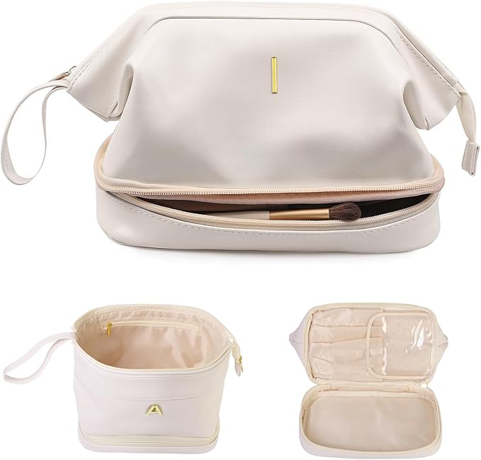 Teen Girl Gifts Trendy Stuff, Initial Makeup Bags, Personalized Double Layer Cosmetic Bag with Makeup Brush Organizer, Grandma Birthday Gifts, PU Leather Toiletry Bag, Gifts for Women Friend