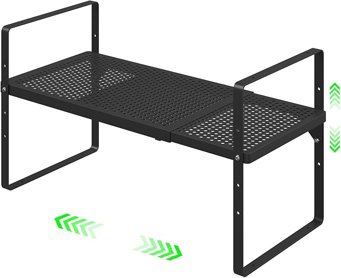 Expandable Cabinet Organizer Shelf, Stackable Shelf Riser for Small Kitchen Pantry Desk Cupboard Tabletop Countertop Home Office, Heavy Duty, Black Small 1 Pack