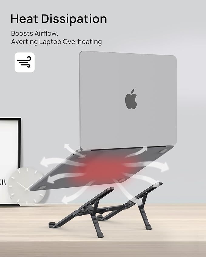 SODI Ultra Compact Foldable Laptop Stand - Portable Laptop Holder for Desk & Travel Use, Ergonomic Aluminum Computer Holder with Adjustable Height for MacBook, Tablet 10-16" (Dark Black, Bi-Fold)