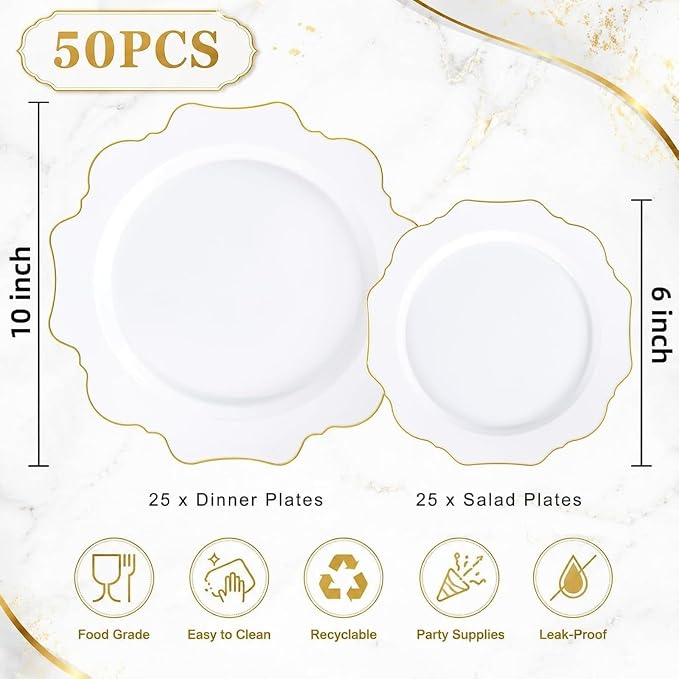 50PCS White and Gold Plastic Plates