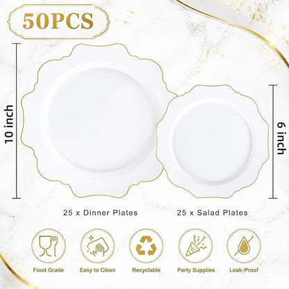 50PCS White and Gold Plastic Plates