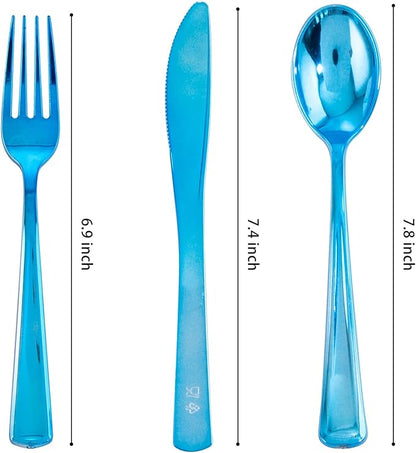 Supernal 240pcs Blue Plastic Silverware,Party Disposable Utensils,Plastic Silverware Heavy Duty Include 80 Forks,80 Knvies,80 Spoons,Premium Disposable Cutlery Shine Blue for Birthday,Party