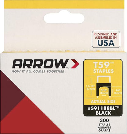 Arrow 591188 Genuine T59 Steel 1/4-Inch by 5/16 Crown Width Insulated Staples for Cable and Wiring, Black, 300 Count