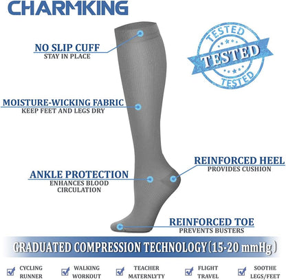 CHARMKING Compression Socks for Women & Men Circulation (3 Pairs) 15-20 mmHg is Best Support for Athletic Running Cycling