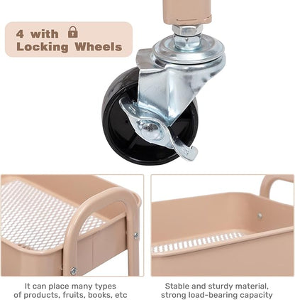 AGTEK Makeup Cart, Movable Rolling Organizer Cart, 3 Tier Metal Utility Cart with Lockable Wheels for Home & Office, Milk Tea
