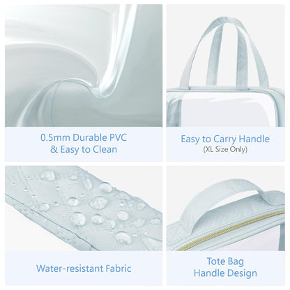 PACKISM Clear Toiletry Bags - 3 Pack Makeup Bags with Handle, Large Opening, Waterproof Cosmetic Bags for Travel Essentials, Grayish Blue