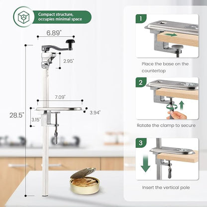 Huanyu Commercial Can Opener Heavy Duty Manual Tabletop Can Opener 28.5'' Height-Adjustable with 3 Stainless Steel Blades&Plated Steel Base for #10 Cans Up to 22” Tall for Restaurant,Bar,Hotel,Home