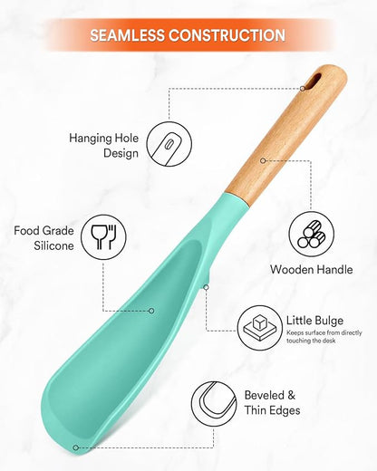 Cooking Spoon and Rice Scooper for Nonstick Cookwares, Great for Cooking and Serving Sturdy BPA-Free Matte Silicone, Wood Handle Spoon for Mixing, Scoop, and Scrape (GREEN)