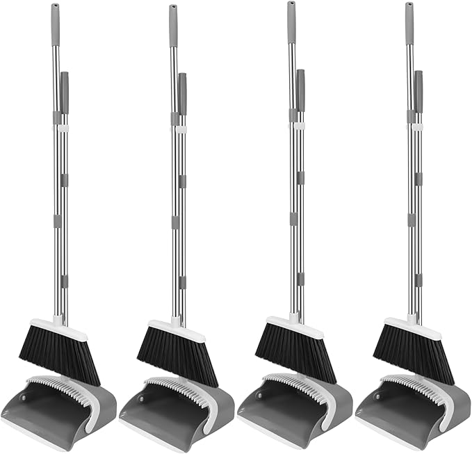 NACENA Broom and Dustpan Set, 52-in Long Adjustable Handle Broom Dustpan Combo with Dustpan Teeth to Automatically Clean Hair Suitable for Home Kitchen Office Hall Floor (Grey&White), 4 Pack