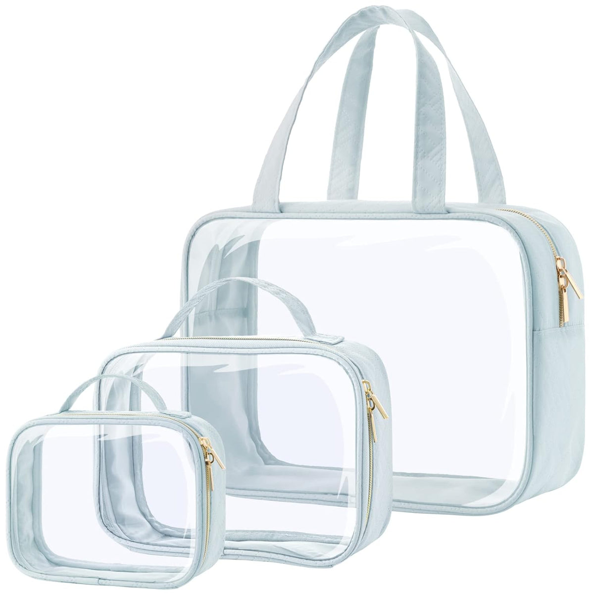 PACKISM Clear Toiletry Bags - 3 Pack Makeup Bags with Handle, Large Opening, Waterproof Cosmetic Bags for Travel Essentials, Grayish Blue