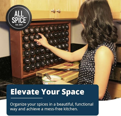 AllSpice Spice Rack Organizer, Wood, 525 Unique Labels, Countertop or Wall Mount, Includes 30 4oz Jars- Cherry Stain
