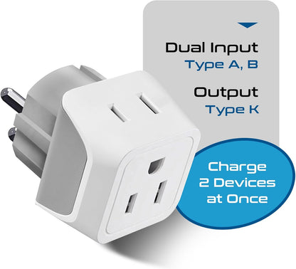 Ceptics Denmark Travel Adapter Plug with Dual Usa Input - Power - Type K (3 Pack) - Ultra Compact - Safe Grounded Perfect for Cell Phones, Laptops, Camera Chargers and More (CT-20)