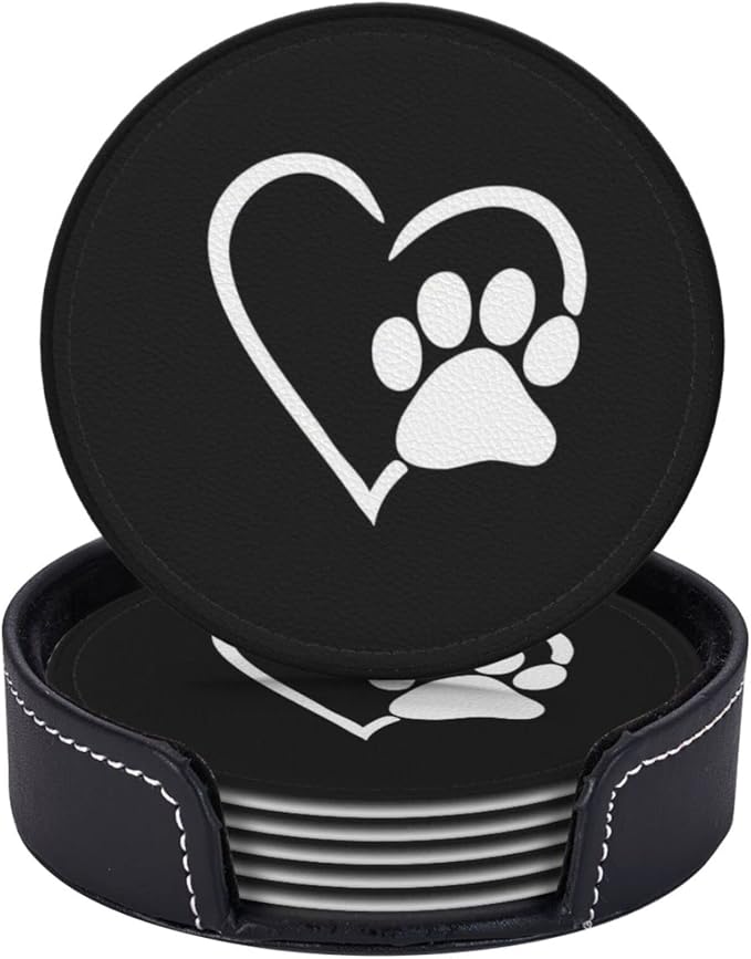 6 Pcs Dog Pet Paws Love Heart Leather Coasters