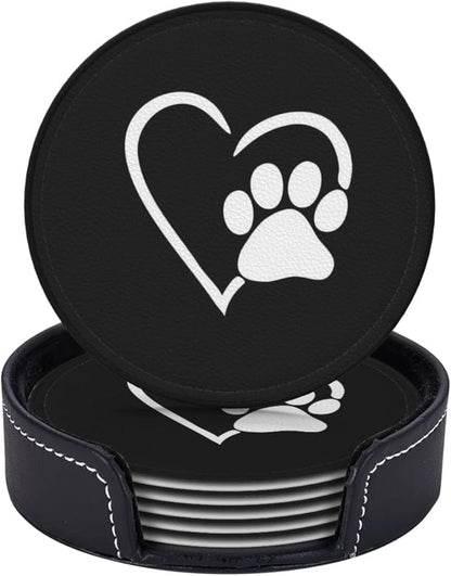 6 Pcs Dog Pet Paws Love Heart Leather Coasters
