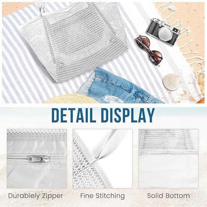 Beach Bags for Women, Foldable Mesh Tote Bag with Mini Pocke, Womens Shoulder Handbag for Travel Beach, White, Large, White