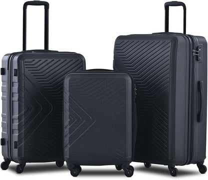 Campfun 3 Piece Luggage Sets, Hardshell ABS Luggage with TSA Lock, Carry On Suitcase Sets Lightweight Durable with 2 Hooks & Spinner Wheels, 20in/24in/28in - Black(C)