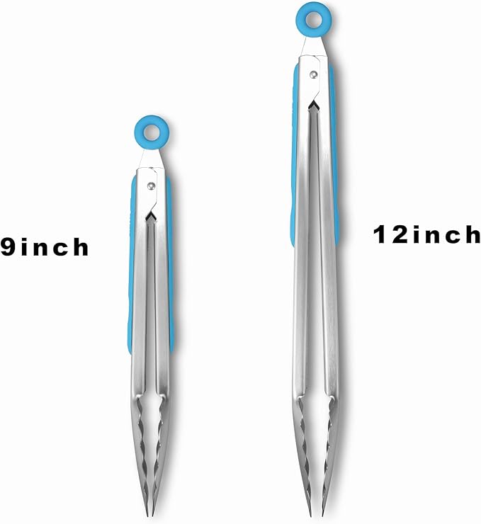 ALLWIN-HOUSEWARE W 304 Stainless Steel Kitchen Cooking Tongs, 9" and 12" Set of 2 Sturdy Grilling Barbeque Brushed Locking Food Tongs with Ergonomic Grip, Blue