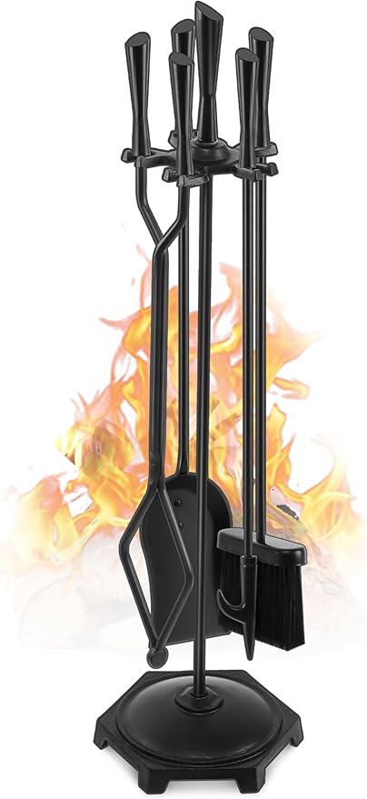 Gtongoko 5 Pcs Fireplace Tools Set 32" Black Wrought Iron Large Fire Tool Set for Outdoor/Indoor Include Chimney Poker, Rustic Tongs, Shovel, Antique Brush and Stand Accessories Set