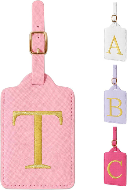 Personalized Initial Luggage Tags for Suitcase, Pink Leather Cute Luggage Tags with Privacy Cover Name Card, Embroidered Custom Monogrammed Luggage Tag Travel Bag Baggage Tags Gifts for Women Kids(T)