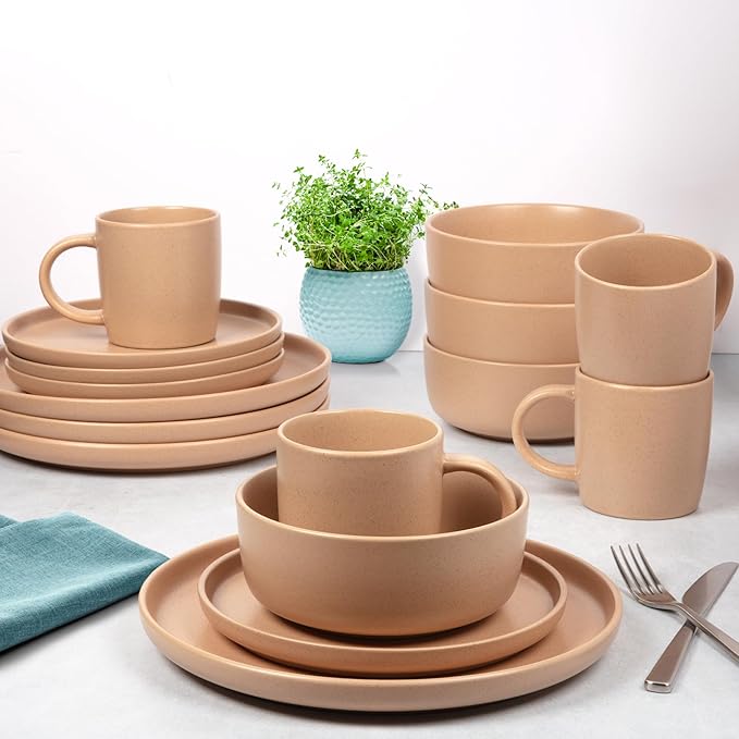 Zulay Kitchen Terra Stoneware Dinnerware Set, Artisanal Ceramic Plates and Bowls Set Crafted at 2300℉ - Service for 4, Terracotta Clay